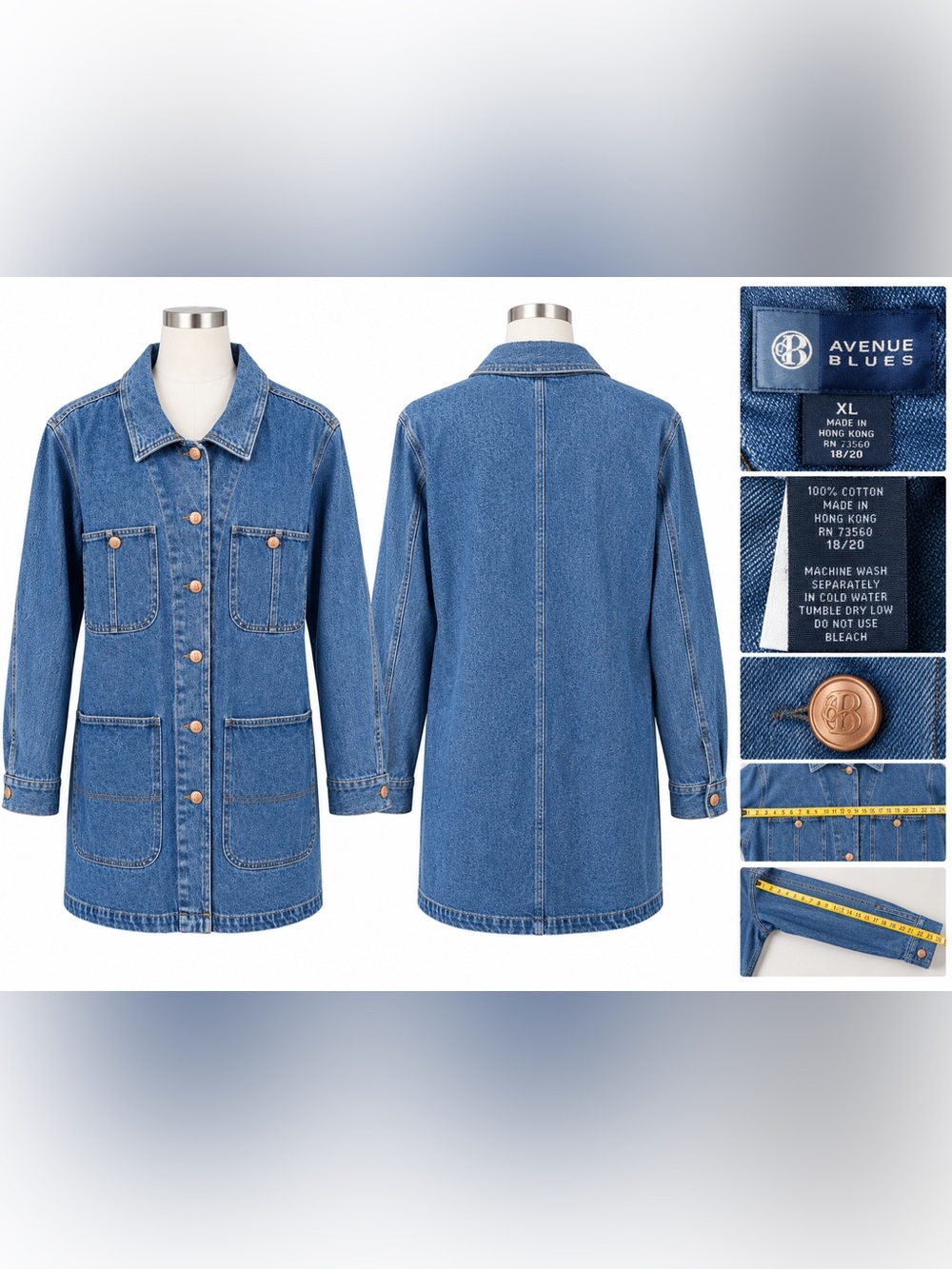 Avenue Blues Denim Jacket Coat Blue 100% Cotton XL Long Utility Style